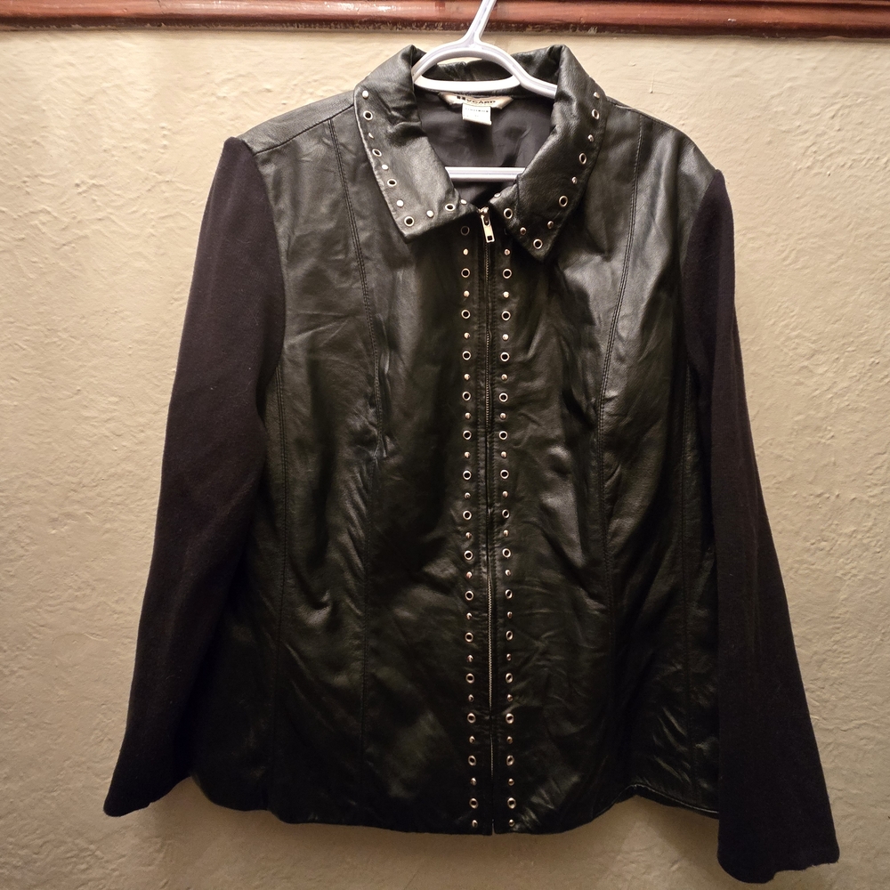 Y2K Black Leather & Knit Zip Jacket | Studded Collar | Size 1X